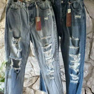 2 PAIR NEW Women's Boyfriend Jeans Distressed Pants Retro Mom MULTIPLE SIZES!